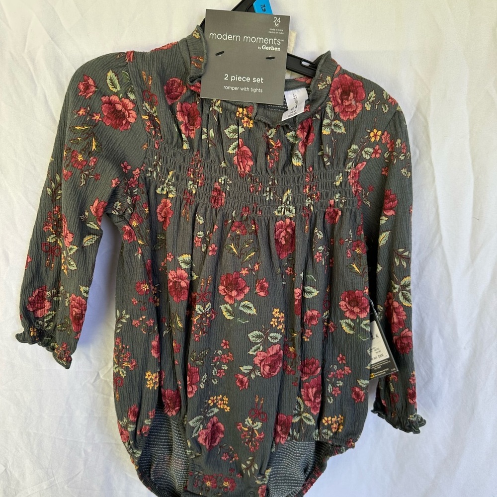 Modern Moments by Gerber Olive Floral Smocked Baby Bodysuit - 2 Piece Set